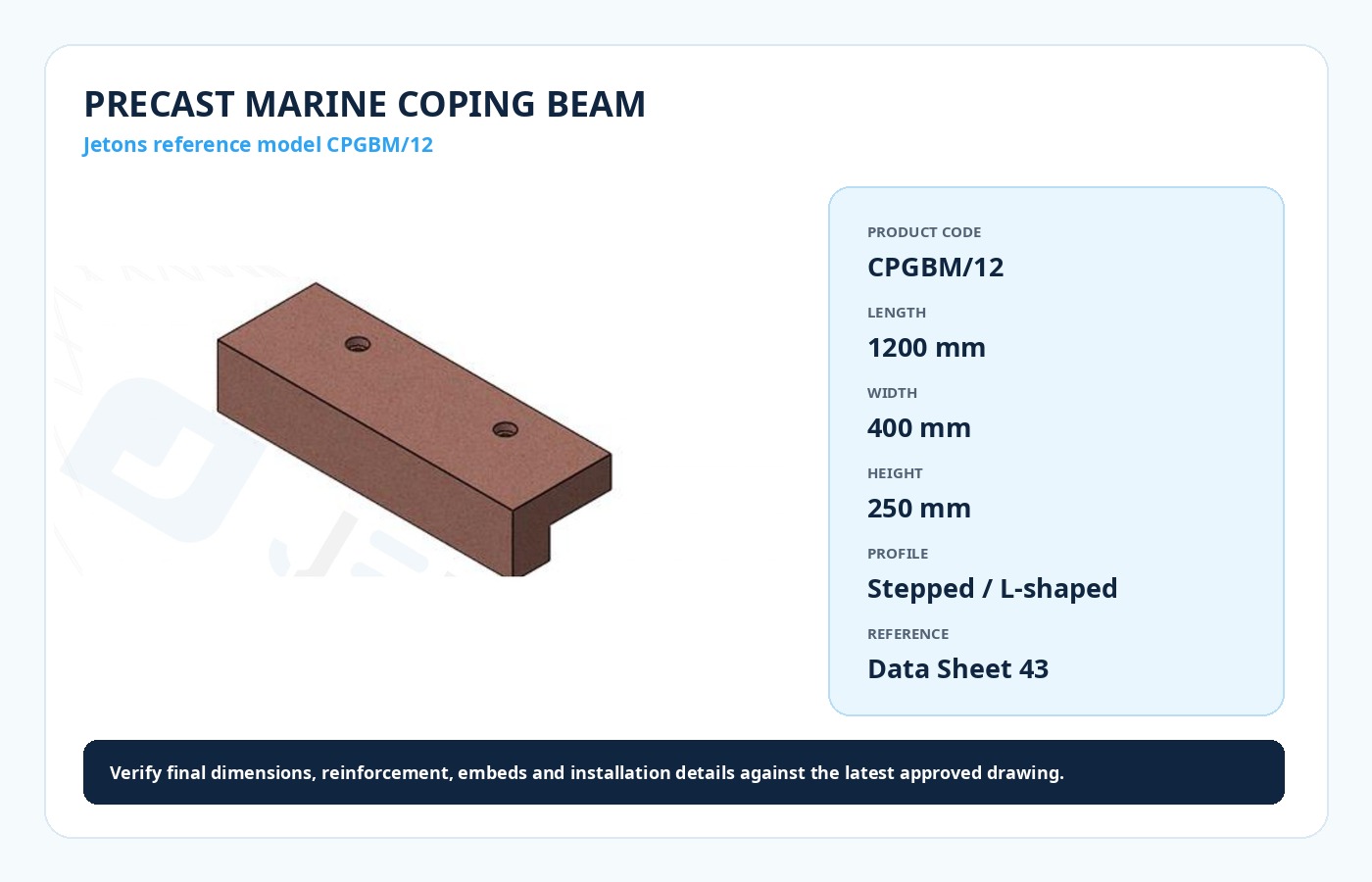 Jetons precast marine coping beam CPGBM/12 reference dimensions 1200 by 400 by 250 millimetres