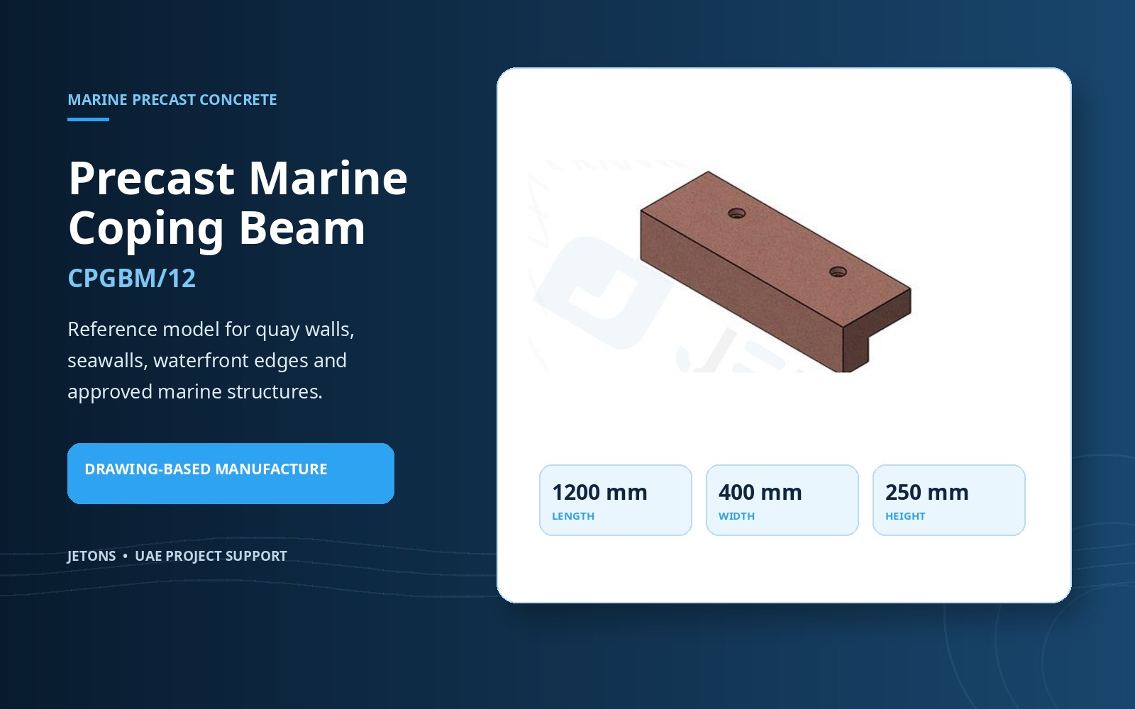 Precast marine coping beam CPGBM/12 with reference dimensions 1200 by 400 by 250 millimetres