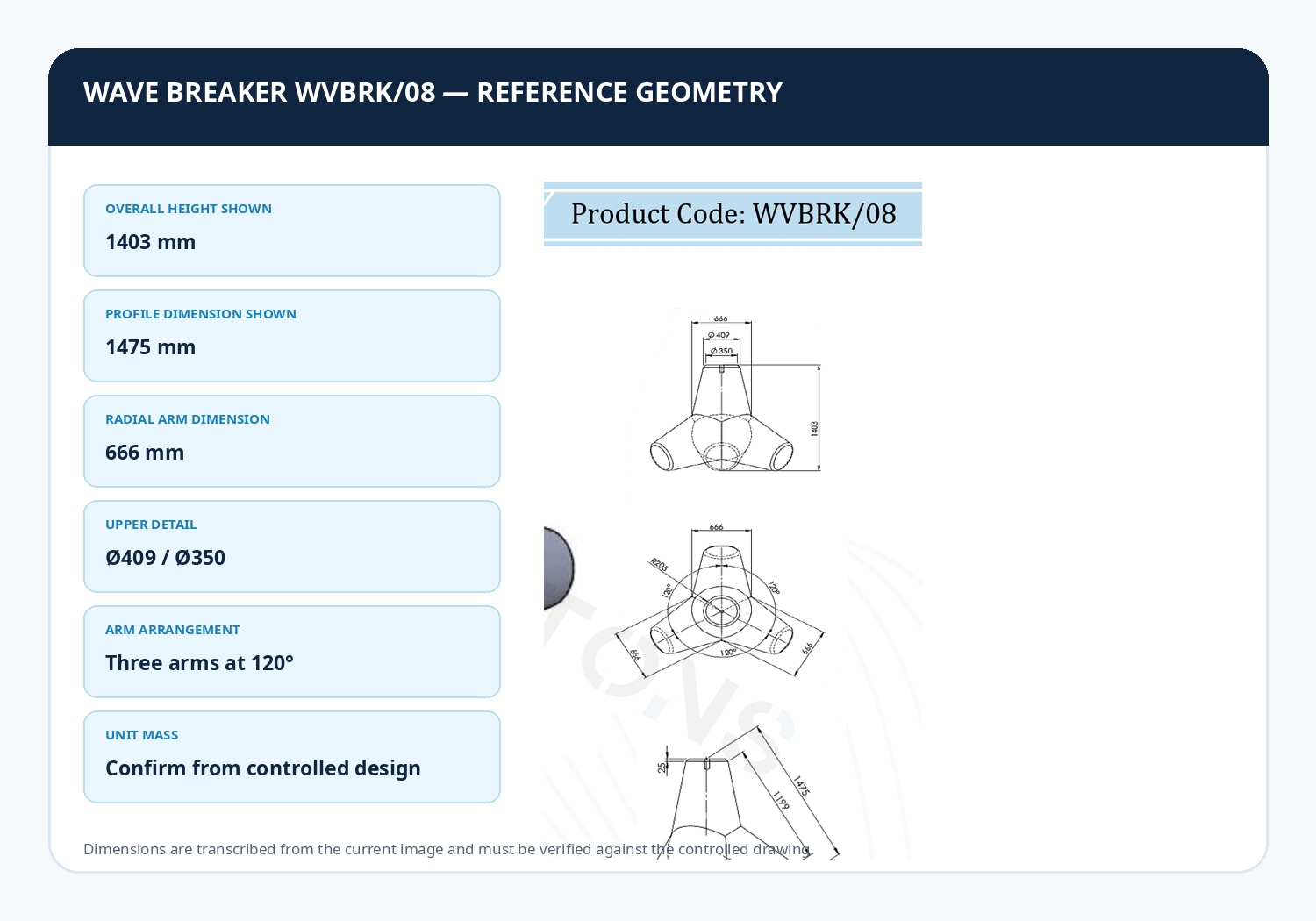 Reference geometry and dimensions for Jetons wave breaker WVBRK/08