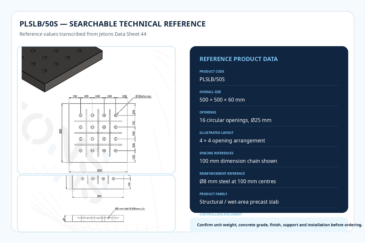 Precast pool slab PLSLB/50S dimensions, openings and reinforcement reference