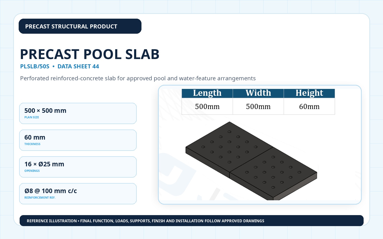 Precast pool slab PLSLB/50S with 500 by 500 by 60 millimetre reference dimensions for UAE projects