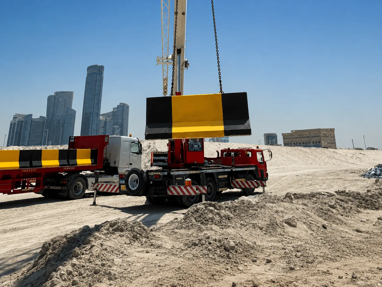 Concrete traffic barrier being lifted by crane during installation on a UAE project