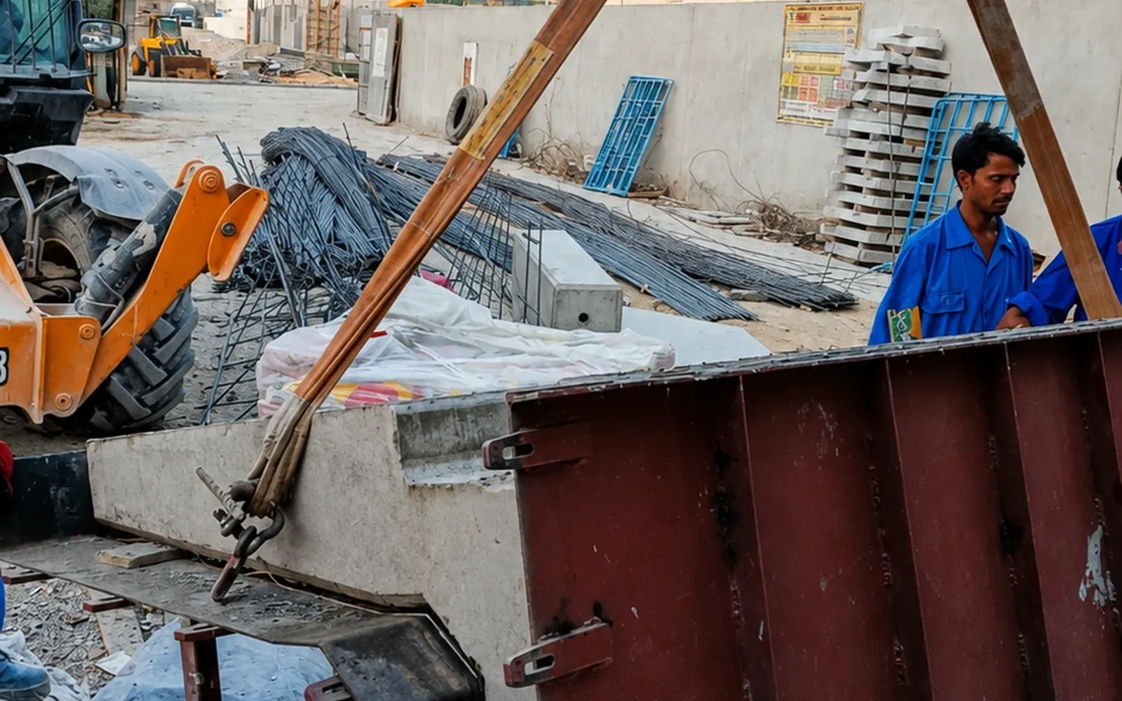 Custom Precast Component and Steel Mould Handling in the UAE Custom precast concrete component and steel mould handled at a UAE precast factory