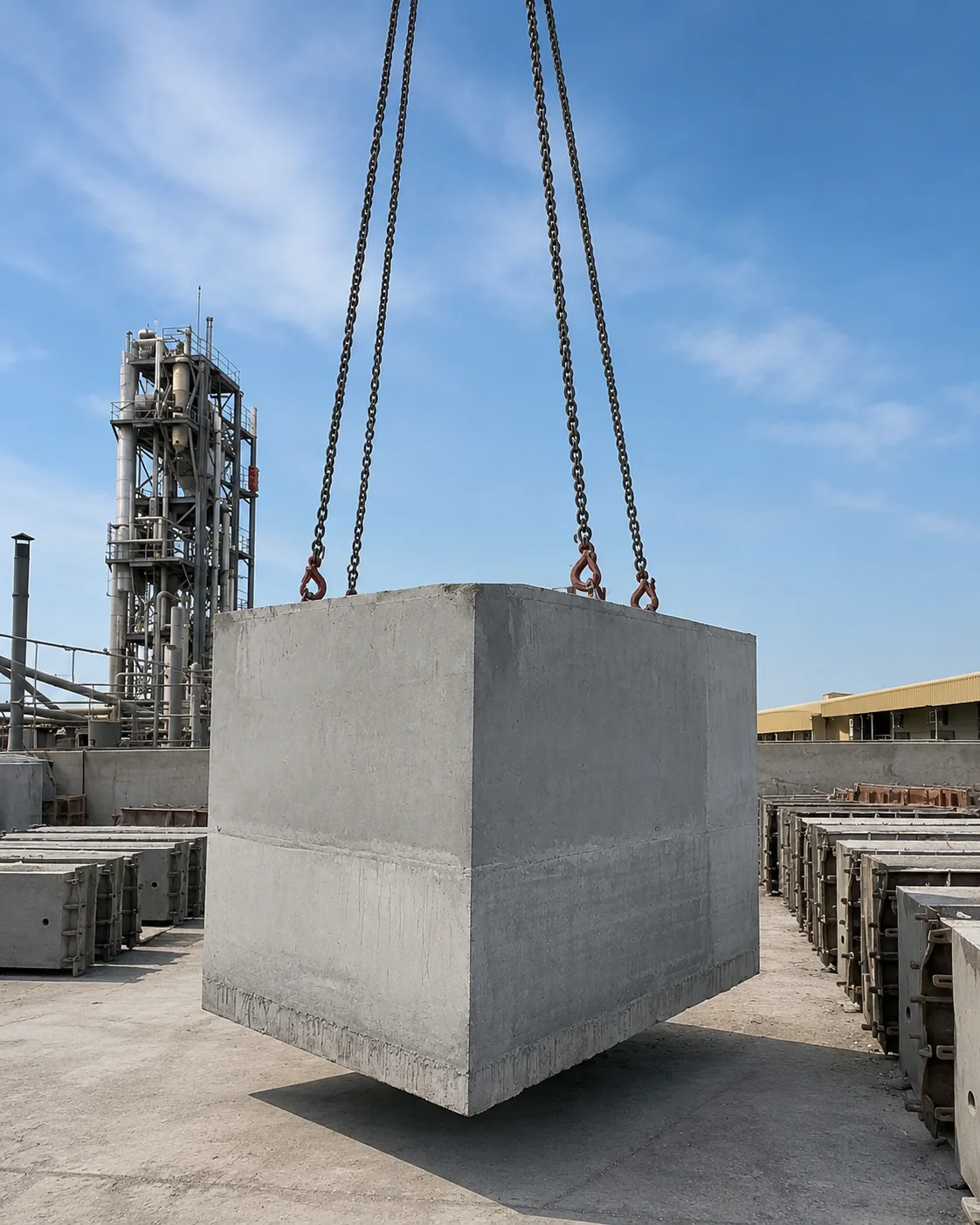 Heavy-Duty Precast High-Mast Foundation Handling UAE Heavy-duty precast high-mast foundation block being lifted by chains at a UAE precast manufacturing facility
