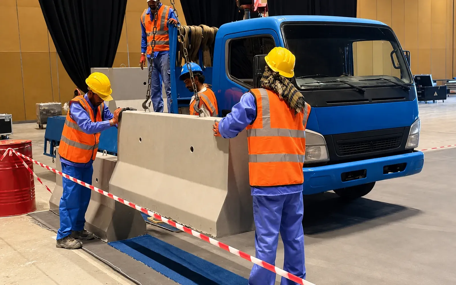 Jetons installation crew positioning precast concrete barriers inside an active UAE project venue