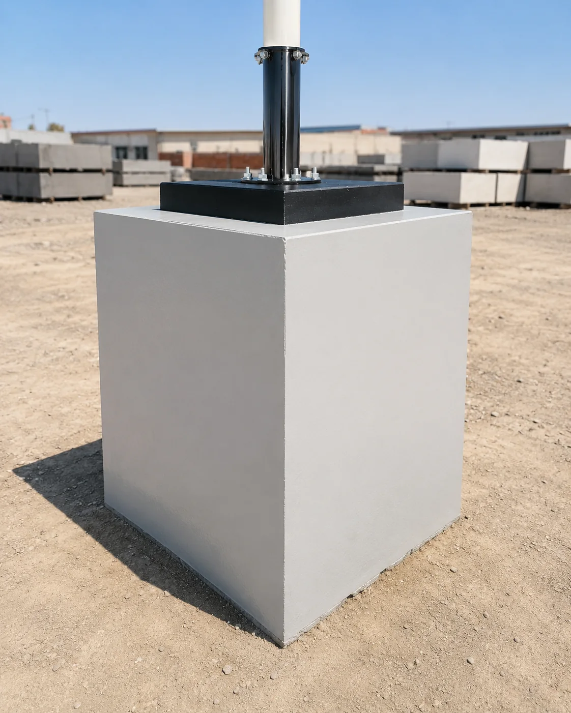 Complete Precast Lighting Pole Foundation System UAE Installed precast lighting pole foundation with steel pole, base plate and anchor bolts in a UAE precast yard