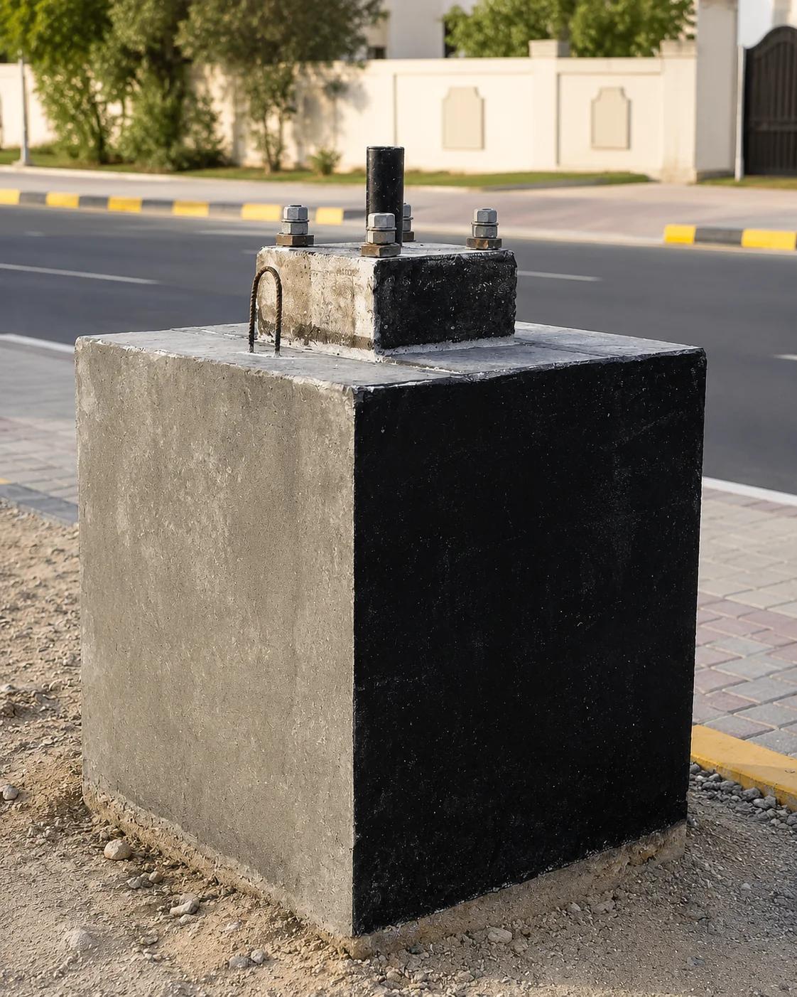 Installed Precast Street-Light Pole Foundation UAE Installed precast street-light pole foundation with anchor bolts and black waterproof coating beside a UAE road