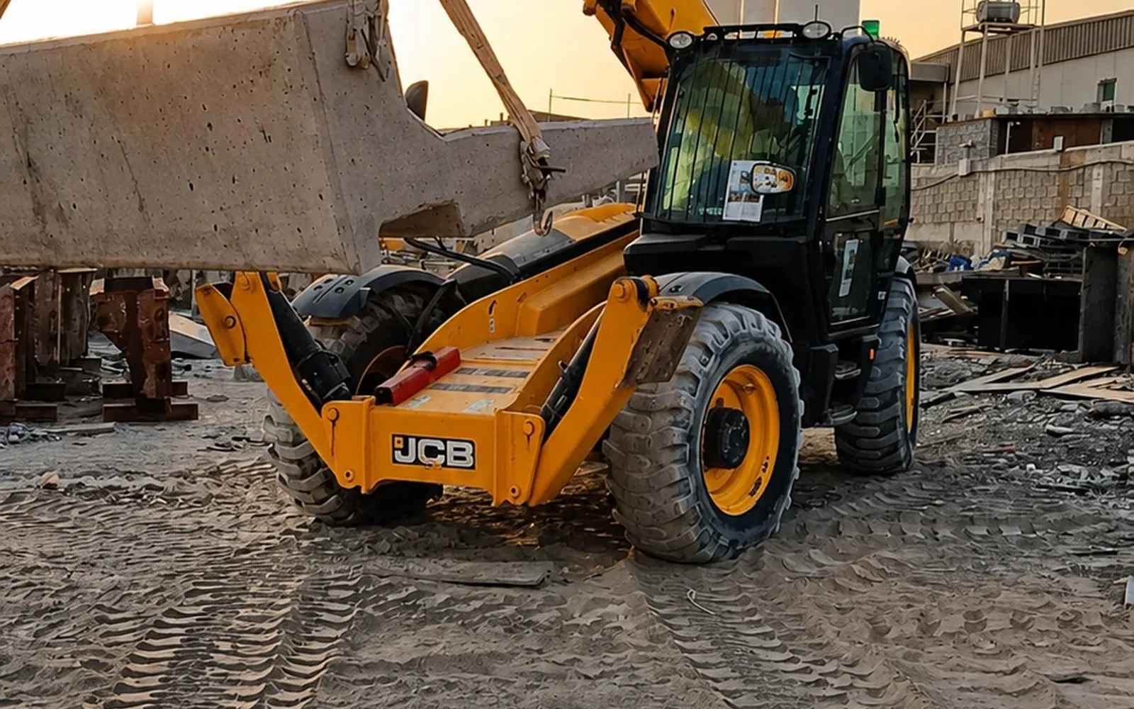 JCB telehandler lifting a precast concrete element during coordinated site handling in the UAE