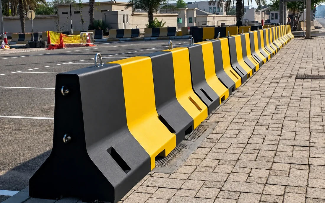 Concrete traffic barrier installation in the UAE Black and yellow concrete traffic barriers installed along a UAE road