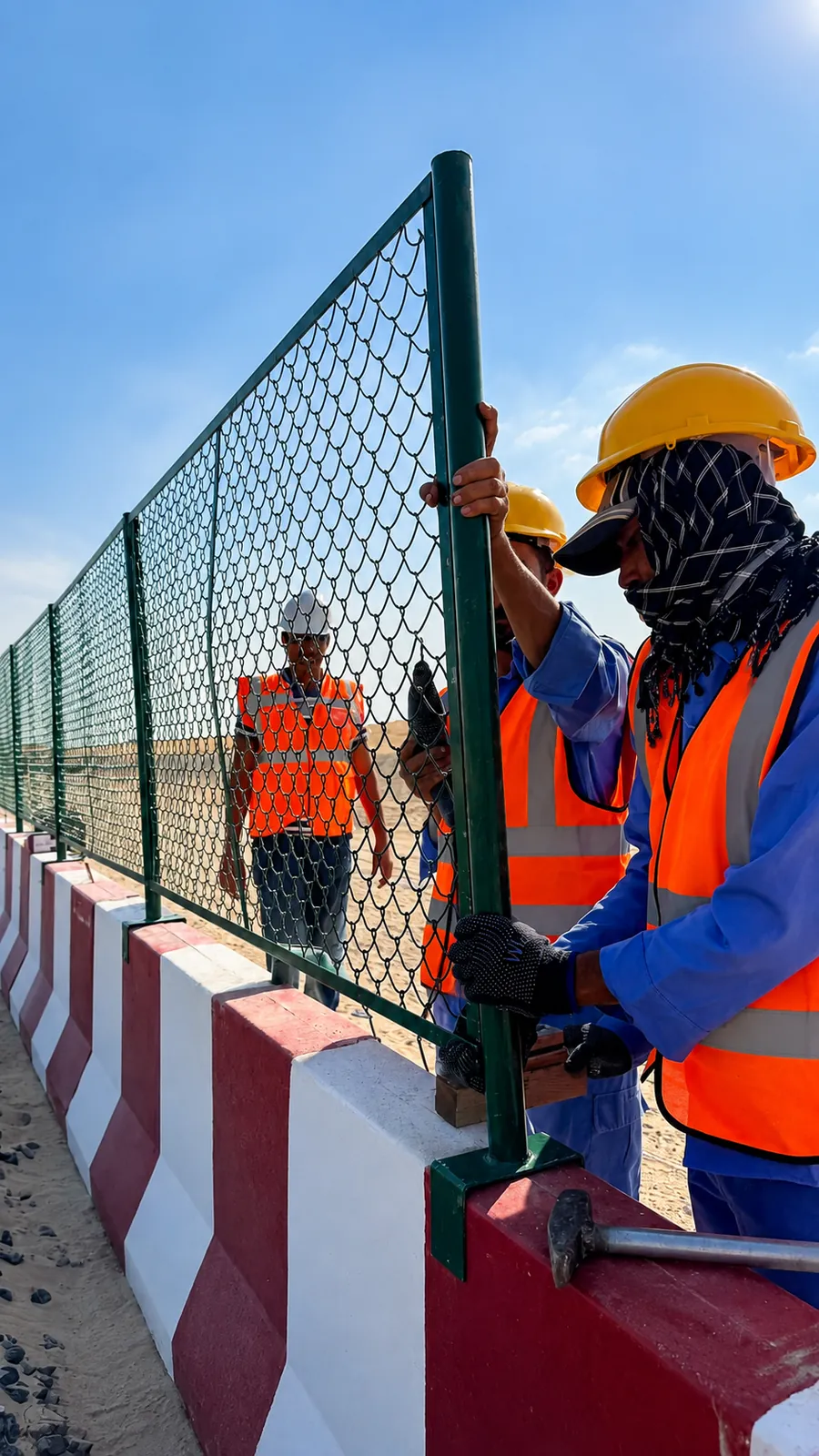 Workers installing chain-link safety fencing above red and white concrete barriers in the UAE
