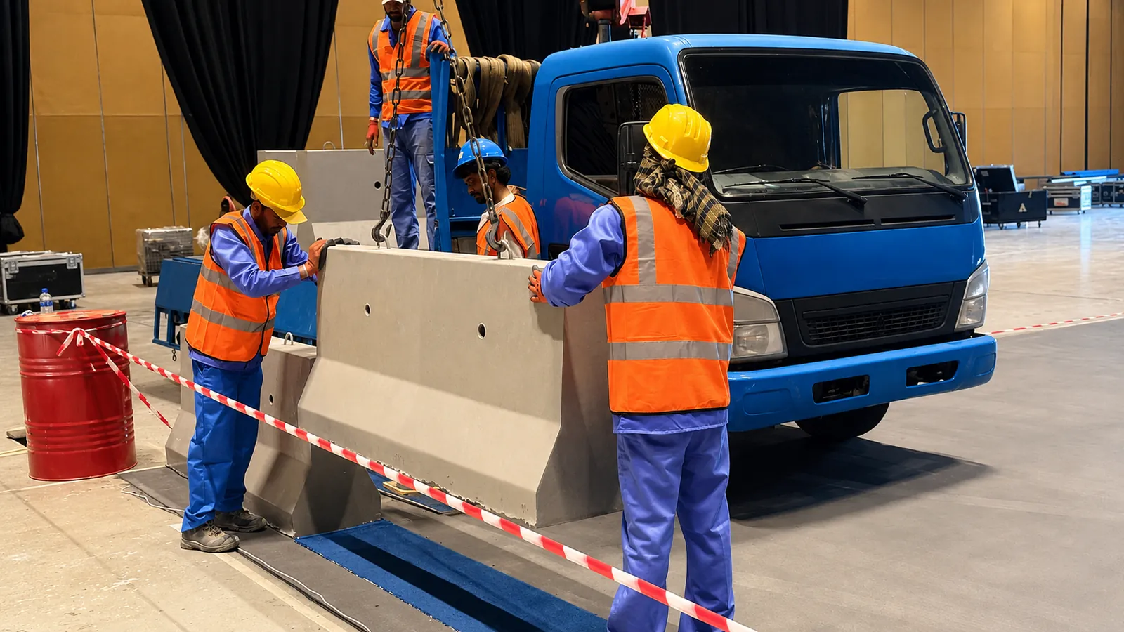 Crew positioning a precast concrete traffic barrier inside a controlled indoor work zone