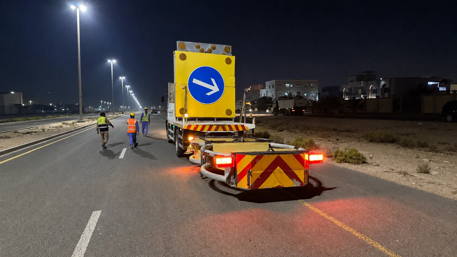Keep-right arrow board and impact-protection vehicle controlling a nighttime lane closure in the UAE