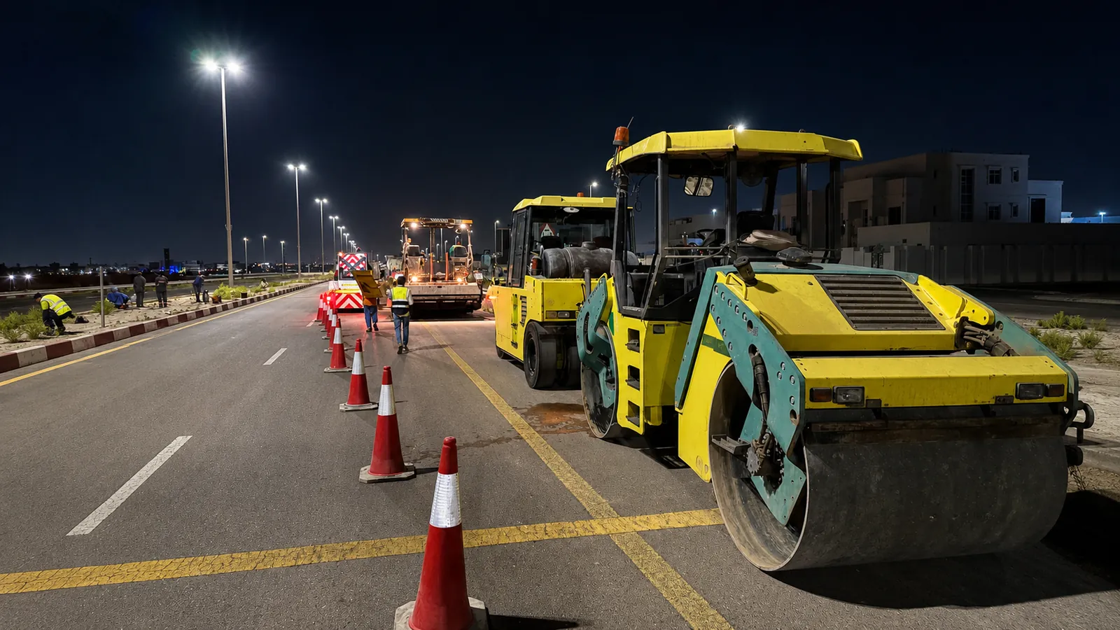 Road rollers operating inside a cone-controlled nighttime roadworks zone in the UAE