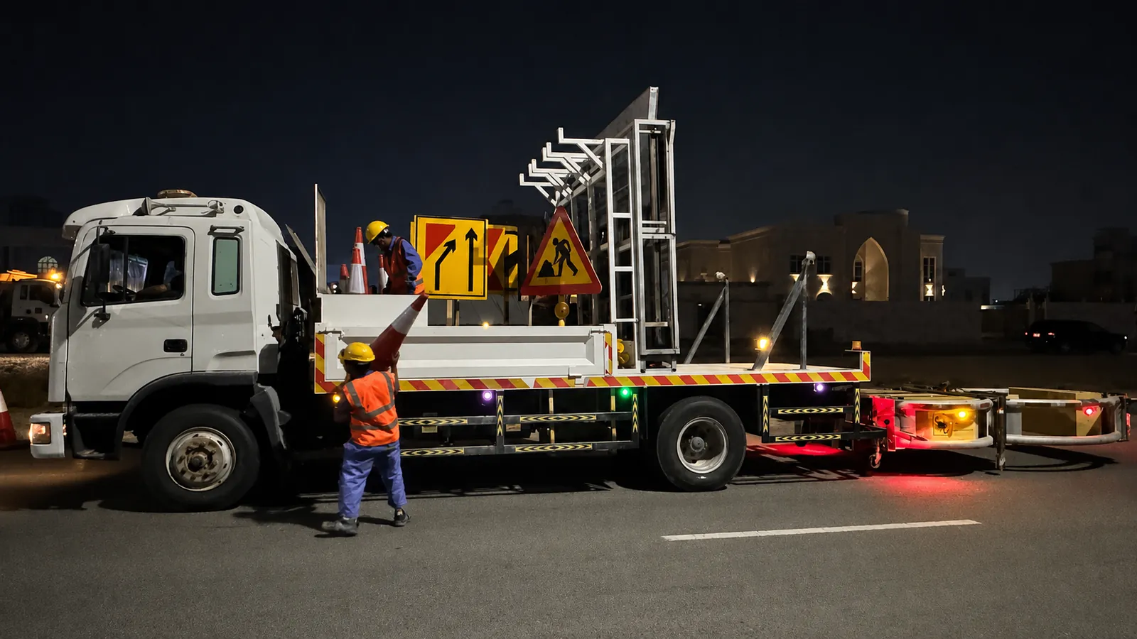 Traffic-management crew preparing temporary signs and a support vehicle for nighttime roadworks in the UAE