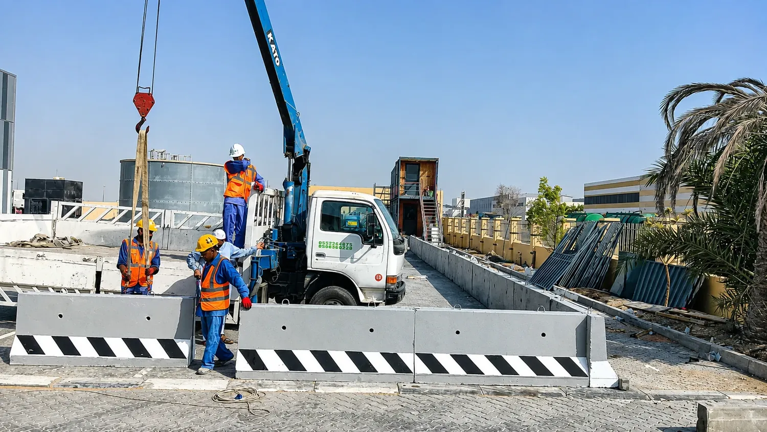 Jetons crew coordinating truck-mounted crane installation of precast concrete road barriers in the UAE