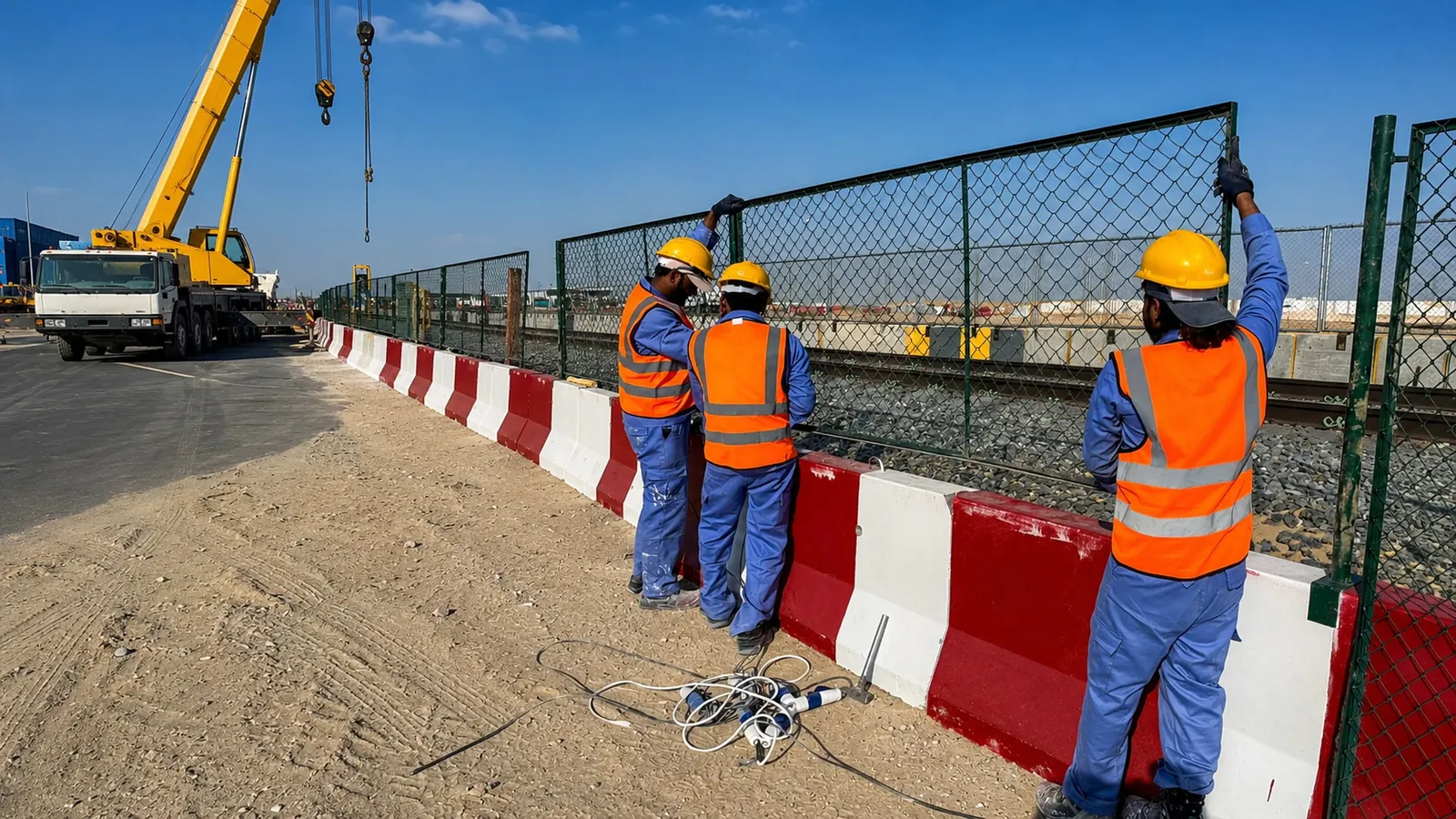 Traffic-management crew installing safety fencing along a rail corridor in the UAE