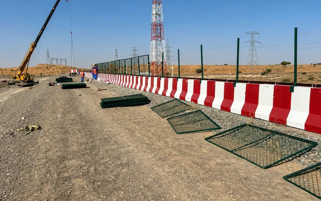 Red and white concrete barrier project installation UAE Long line of red and white concrete barriers installed on a UAE project
