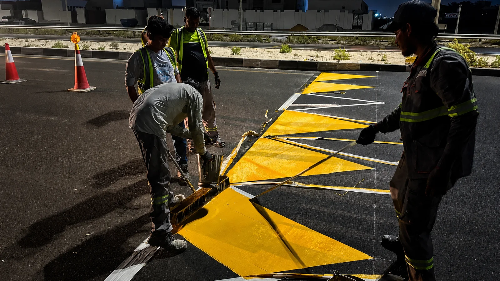 Road-marking crew applying yellow and white channelisation markings during night works in the UAE
