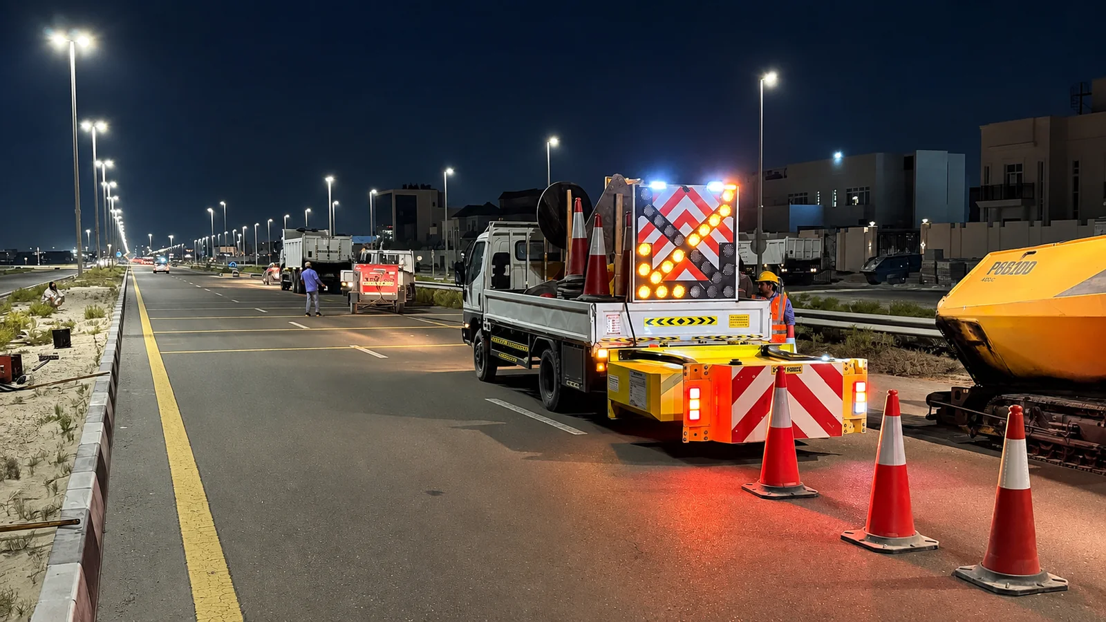 Impact-protection vehicle, traffic cones and roadwork equipment operating under streetlights in the UAE
