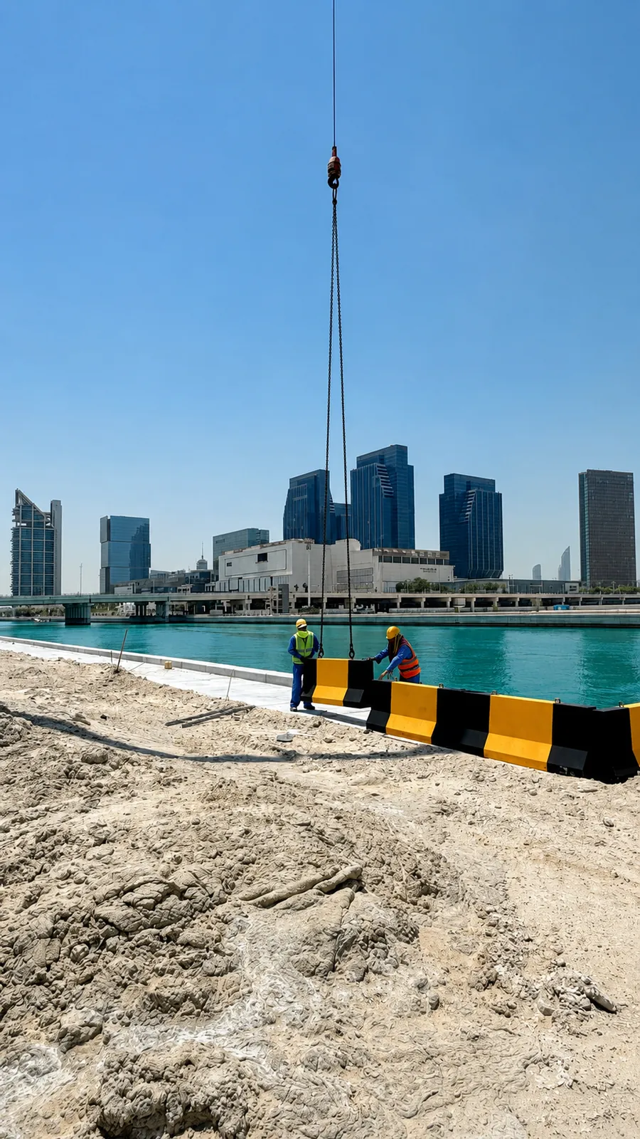 Workers installing black and yellow concrete traffic barriers beside an urban waterfront in the UAE