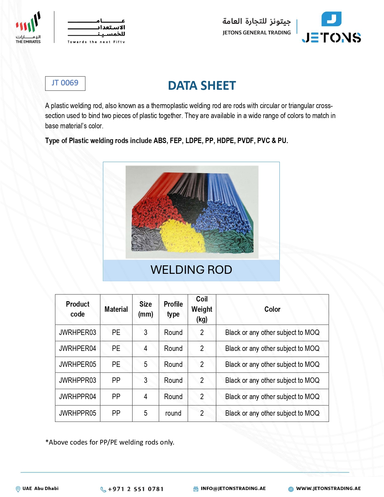 Thermoplastic Welding Rod — original Jetons JT 0069 data sheet Thermoplastic Welding Rod — original Jetons JT 0069 data sheet