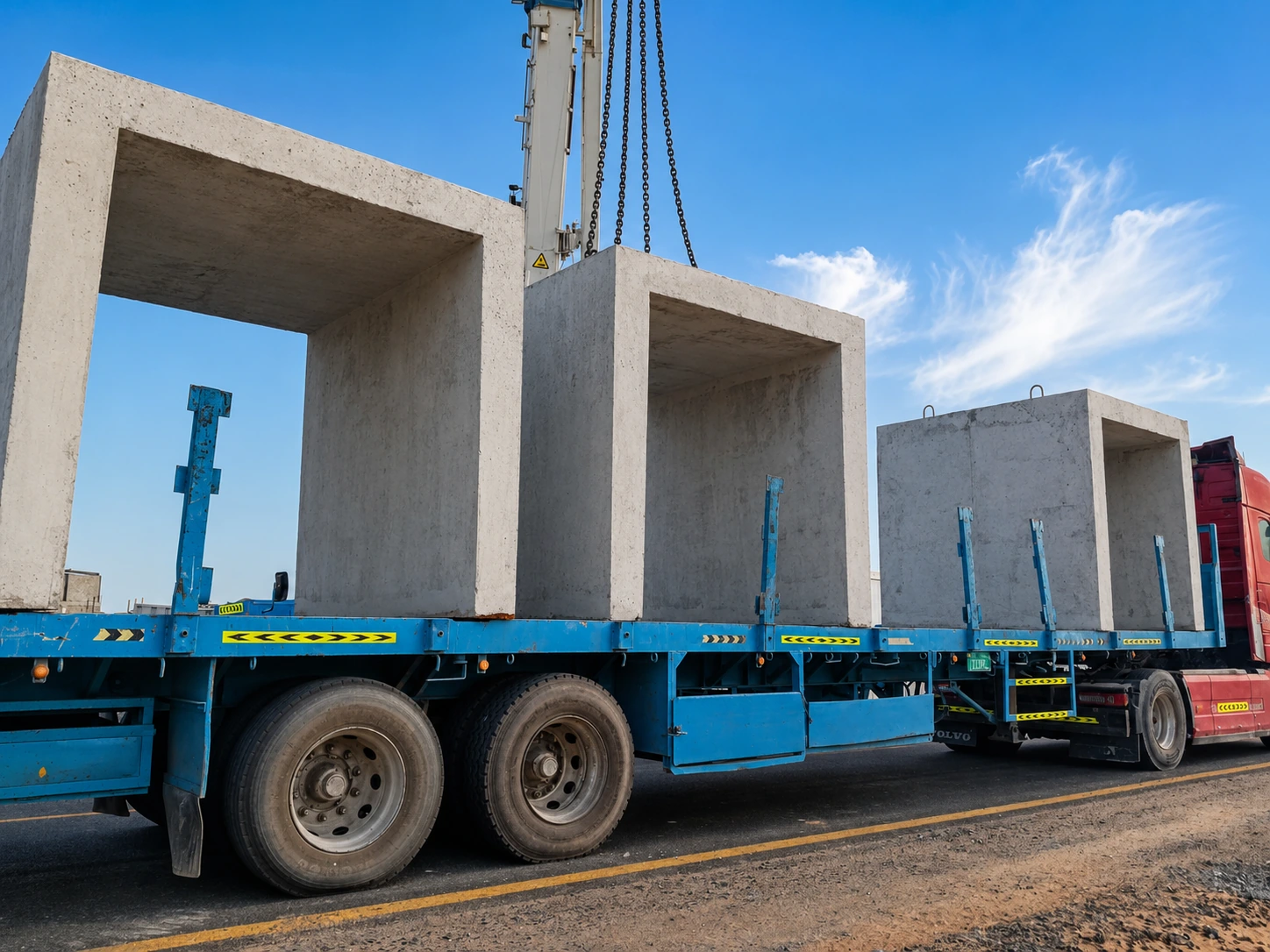 Precast Bunker C Channel Flatbed Delivery in the UAE Precast bunker C channel units loaded on a flatbed trailer for delivery in the UAE
