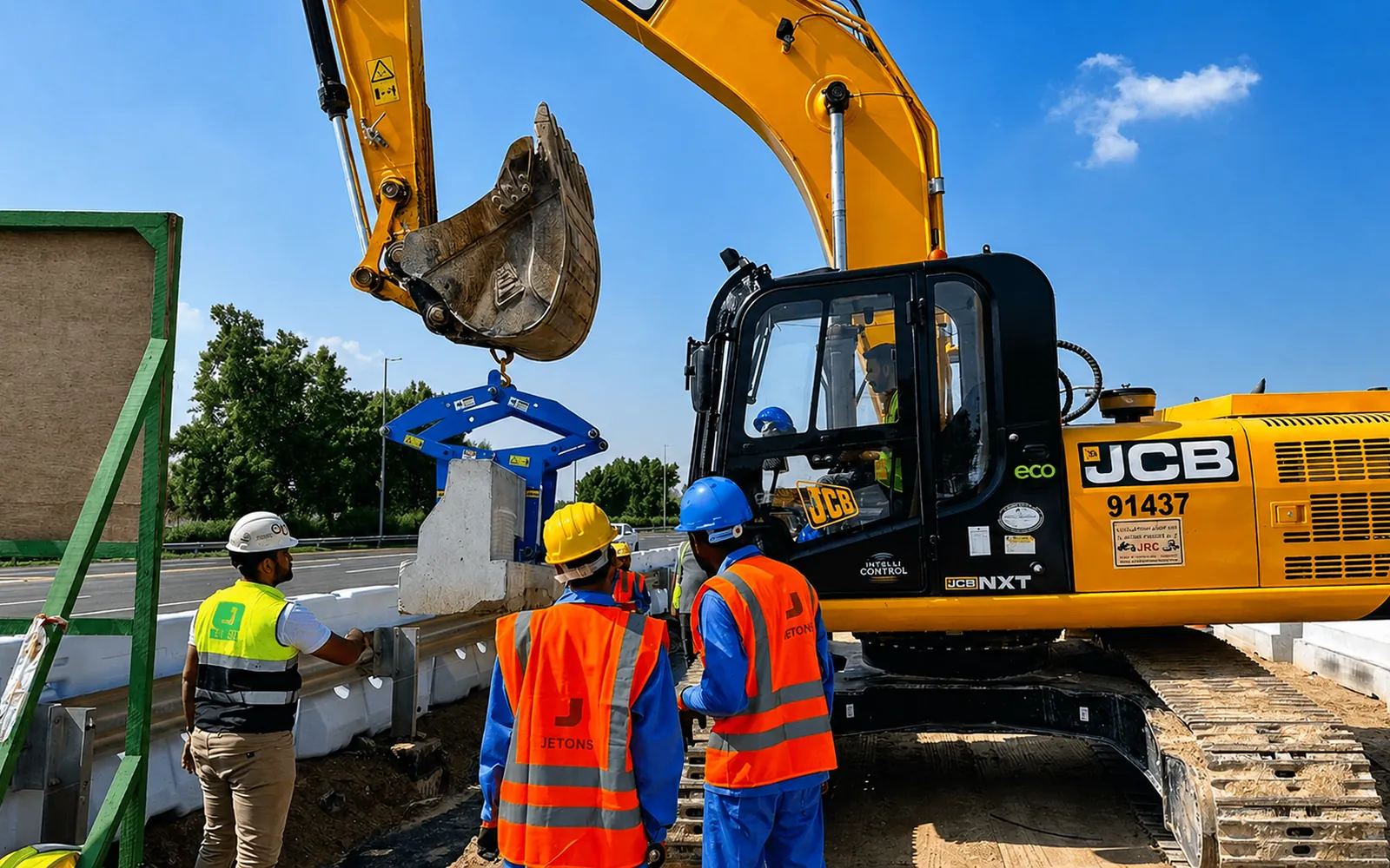 Jetons team installing a precast concrete road barrier with excavator lifting support in the UAE