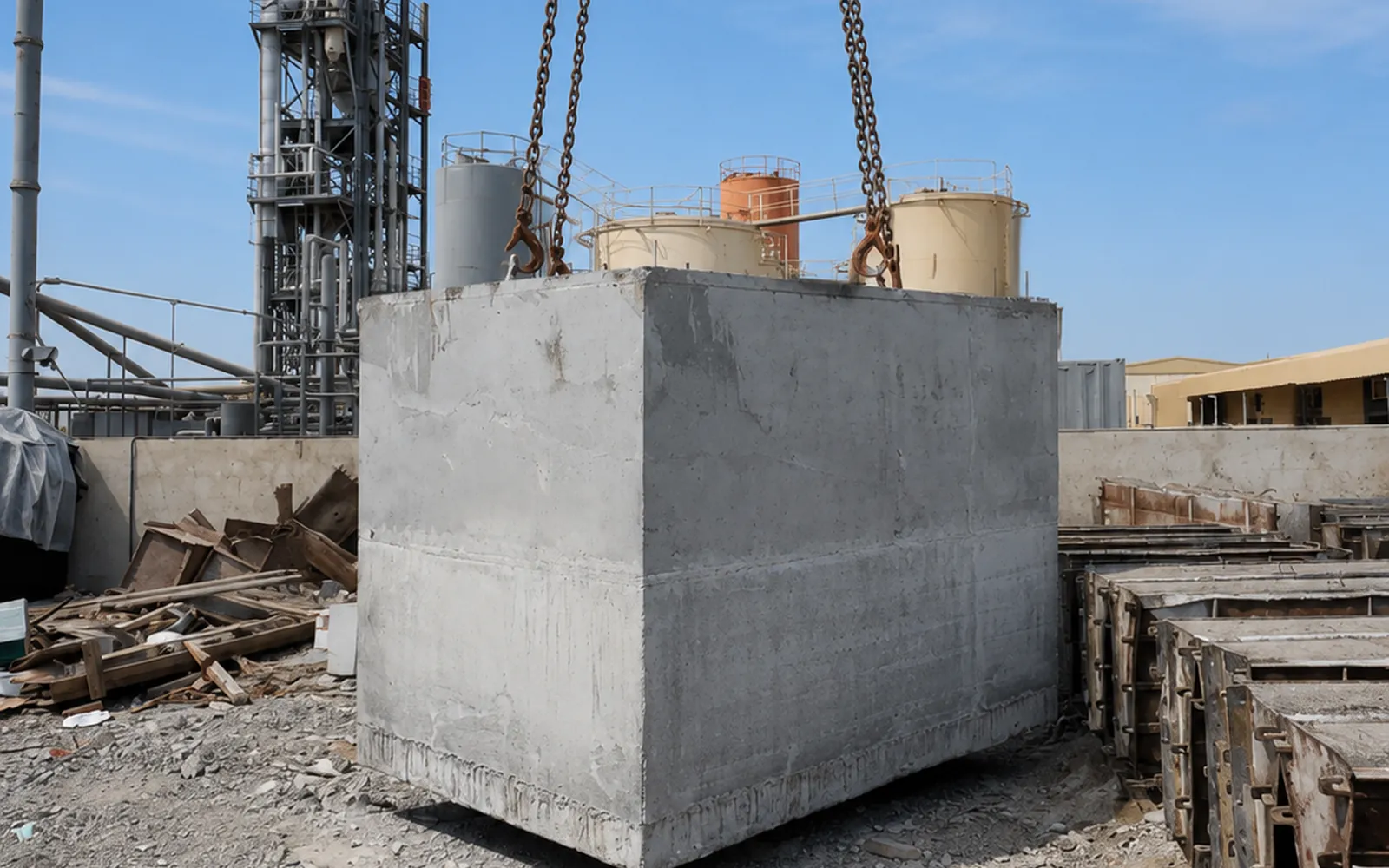 Precast Pole Foundation Block Lifting in the UAE Heavy precast pole foundation block being lifted at a UAE precast yard