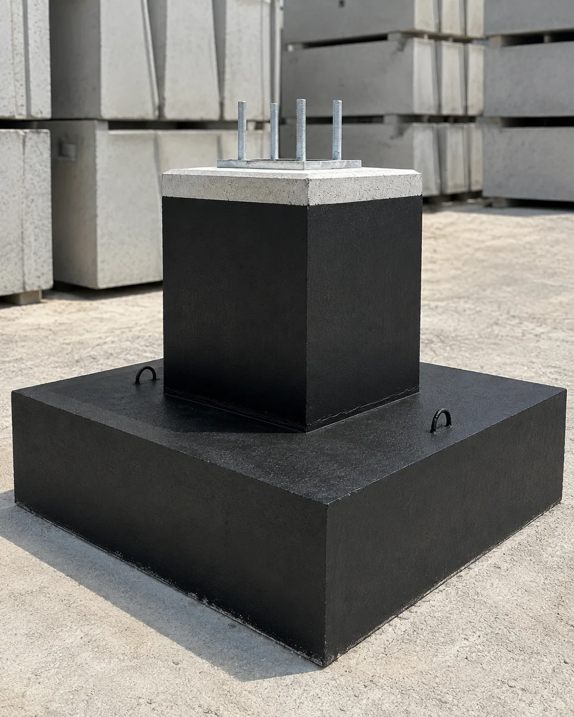 Precast High-Mast Foundation with Anchor-Bolt Pedestal UAE Precast high-mast foundation with a wide concrete base, waterproofed pedestal and four projecting anchor bolts