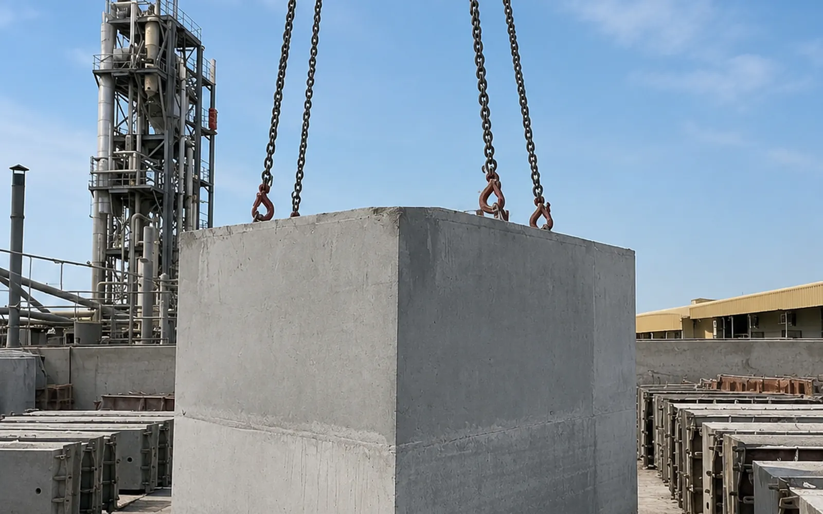 Heavy precast high-mast concrete foundation lifted by crane for installation at a UAE project site