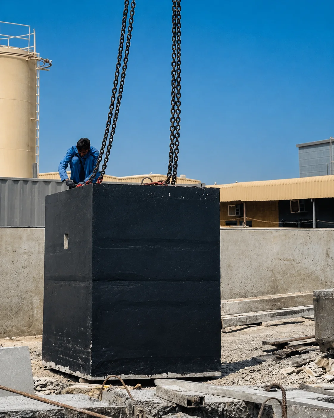 Precast High-Mast Foundation Rigging and Handling UAE Worker connecting lifting chains to a waterproofed precast high-mast foundation for safe handling