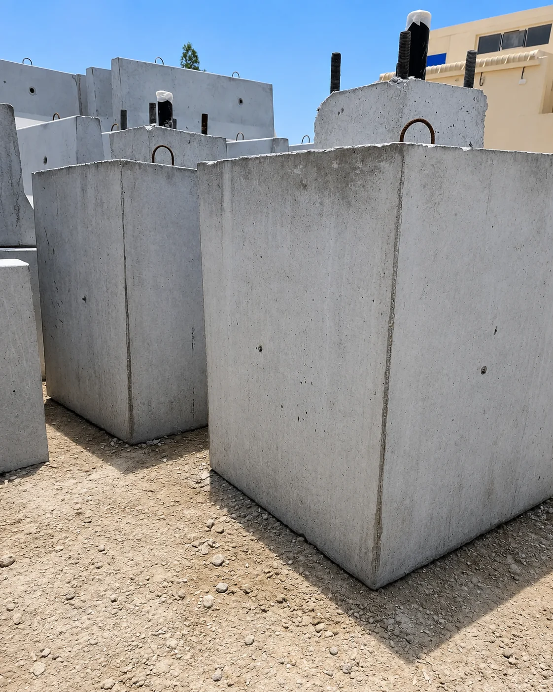 Precast Light-Pole Foundations Ready for Delivery UAE Multiple precast light-pole foundations with anchor-bolt pedestals ready for delivery in the UAE