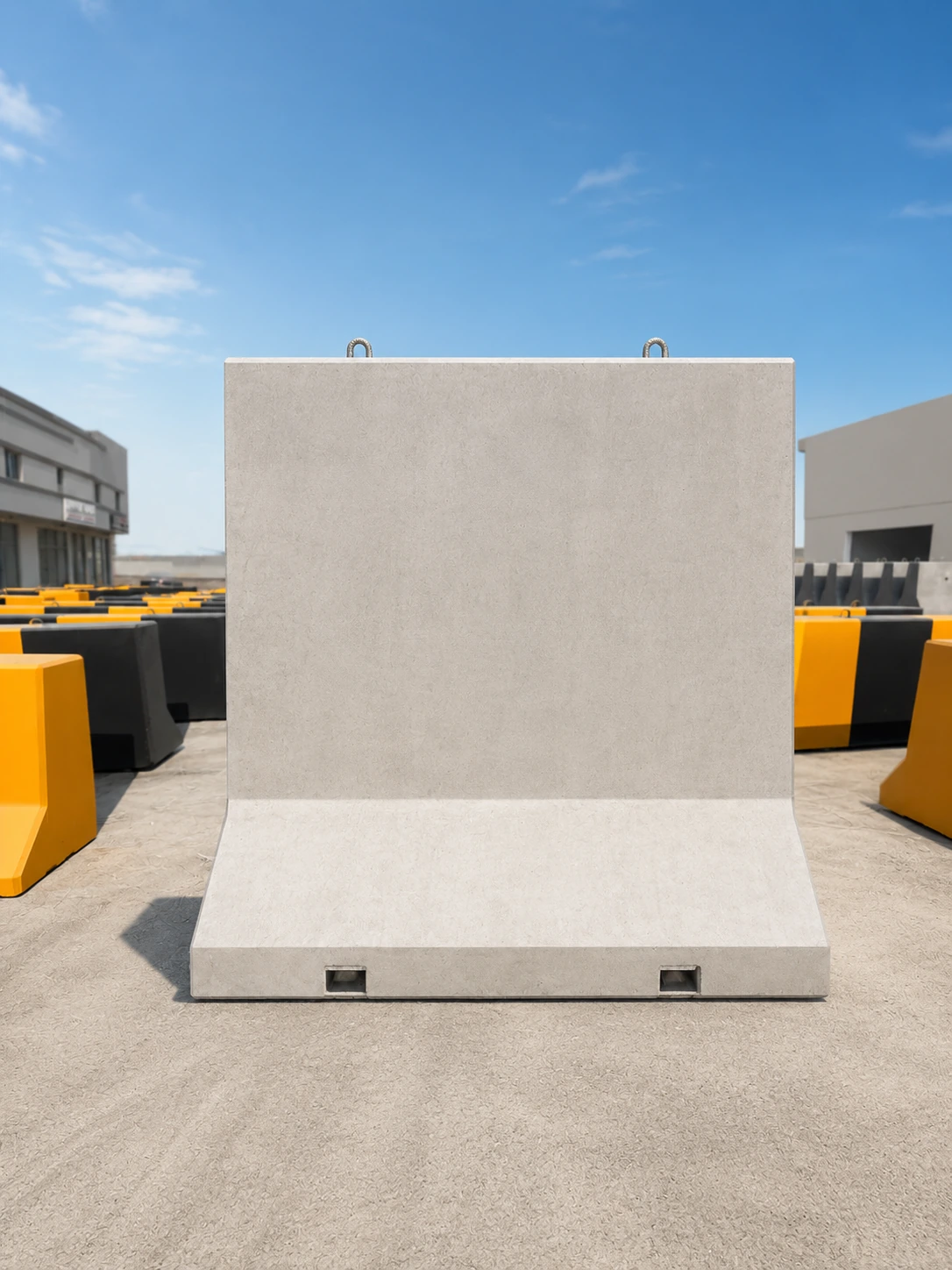Precast T-Wall Barrier Installation in the UAE Precast T-wall security barrier ready for lifting and installation in the UAE
