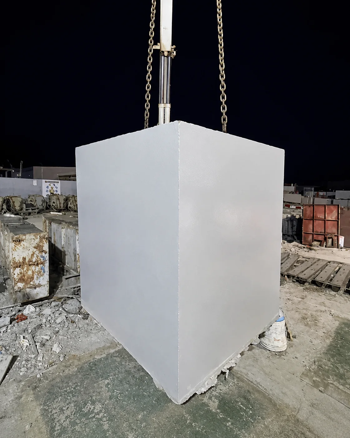 Protective-Coated Precast High-Mast Foundation UAE Protective-coated precast high-mast foundation suspended during night-time factory handling