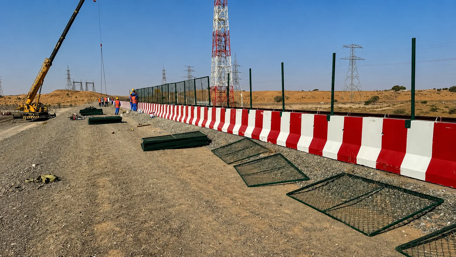 Long run of red and white concrete road safety barriers installed on a UAE infrastructure project