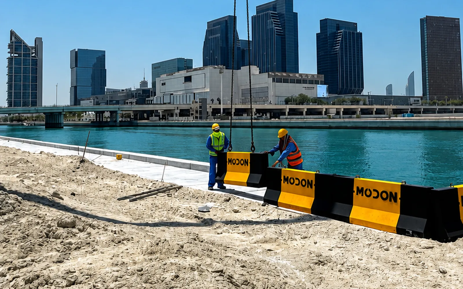 Waterfront Marine Precast Installation in the UAE Crane lifting a precast concrete barrier during waterfront construction works in the UAE