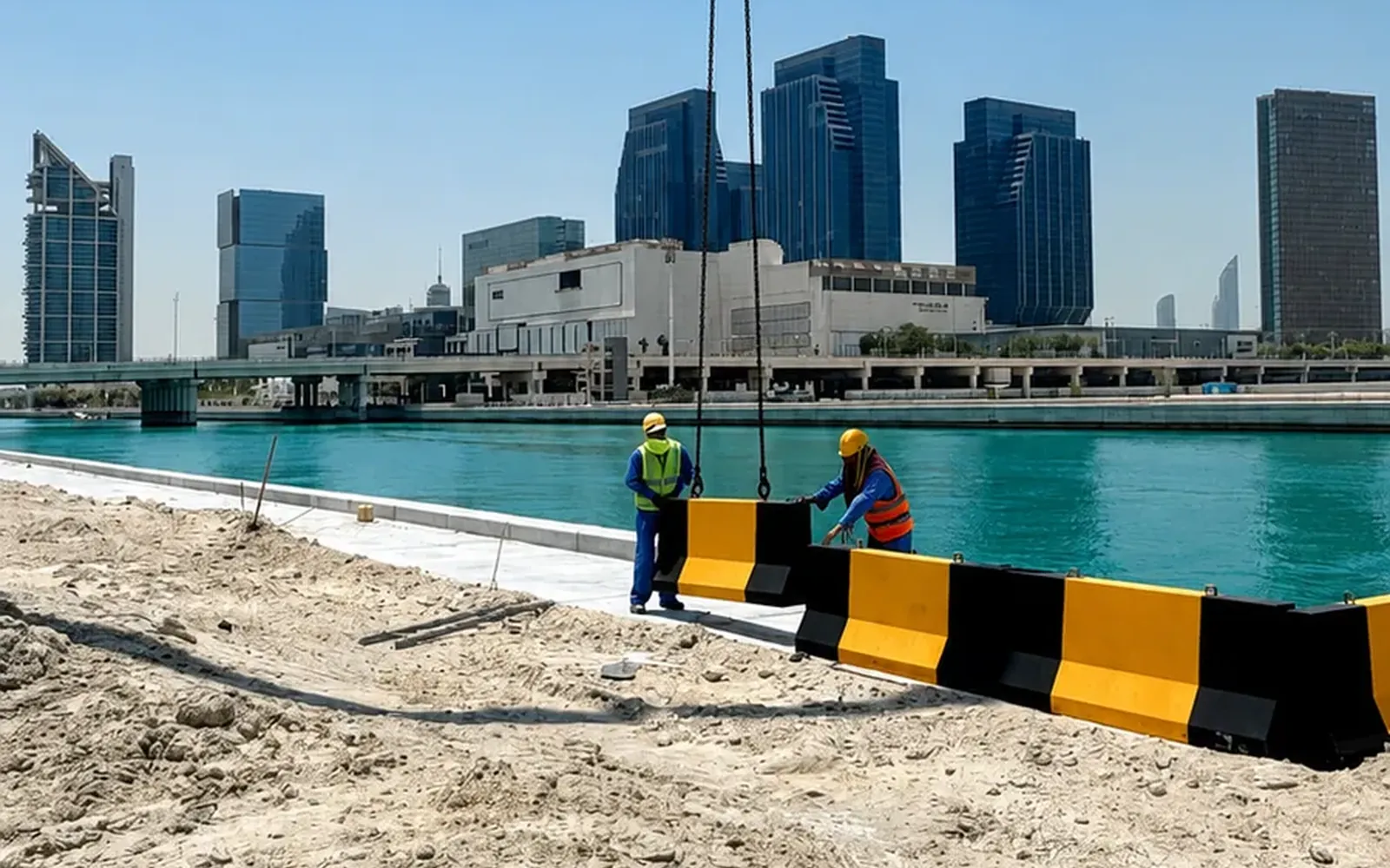 Waterfront Precast Concrete Installation in the UAE Workers installing precast concrete barriers along a waterfront construction corridor in the UAE
