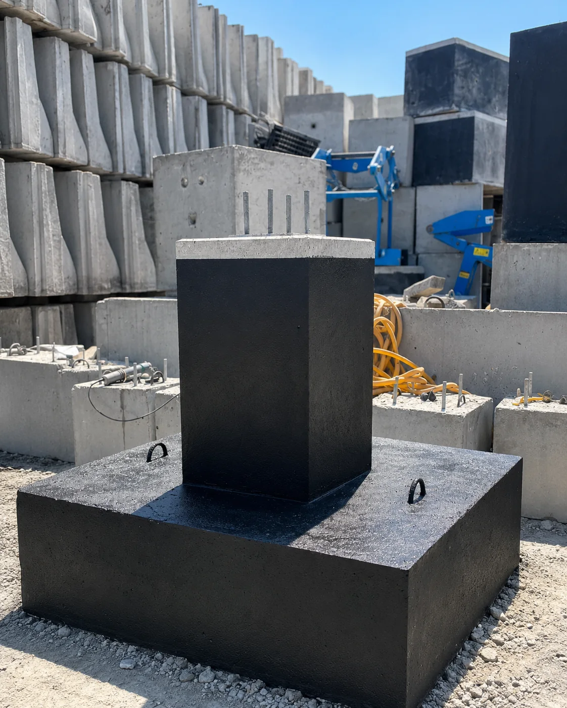 Waterproofed Precast High-Mast Foundation Base UAE Waterproofed precast high-mast foundation with raised pedestal, anchor bolts and integrated lifting points