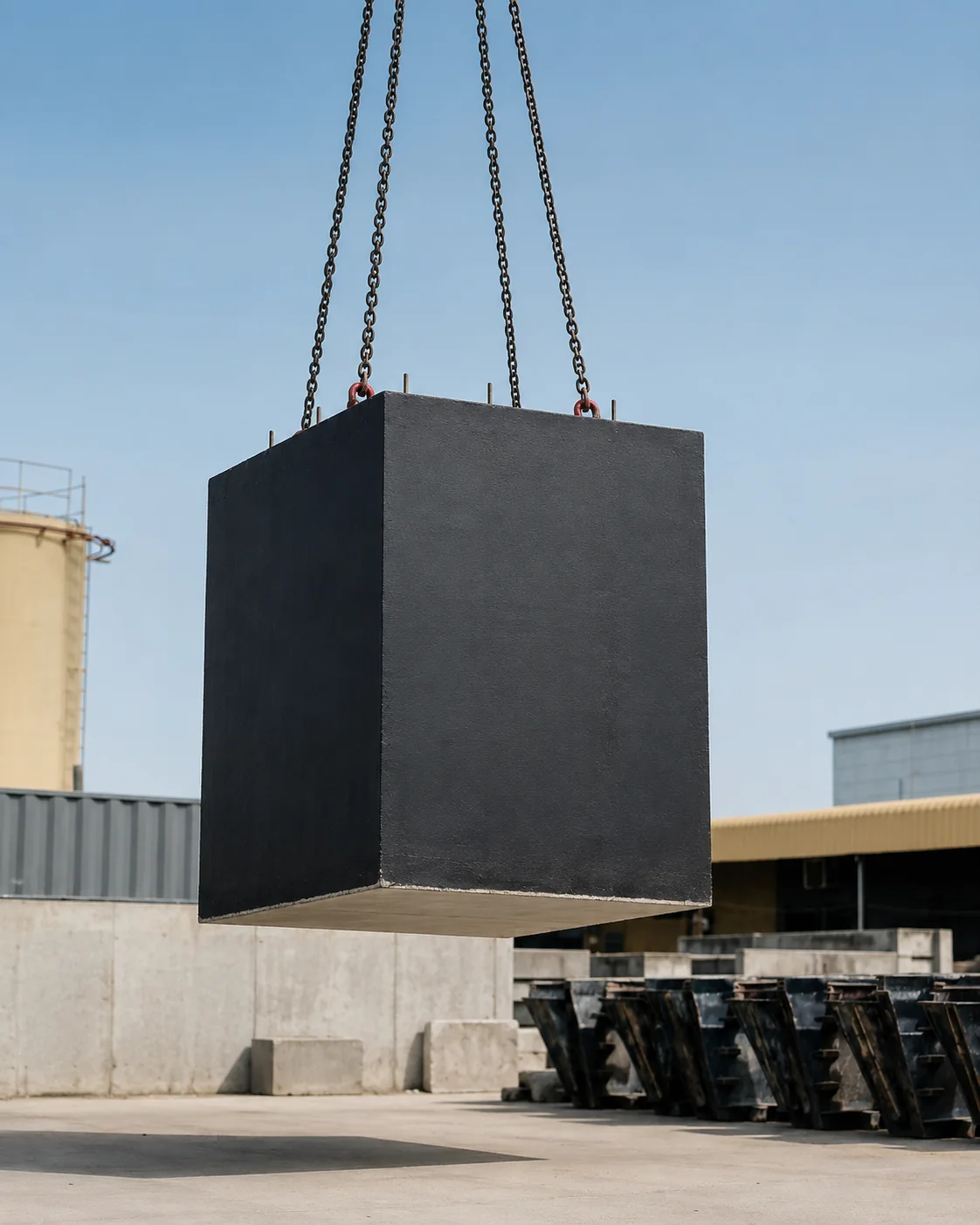 Waterproofed Precast High-Mast Foundation Block UAE Black waterproof-coated precast high-mast foundation block suspended by lifting chains in a UAE precast yard