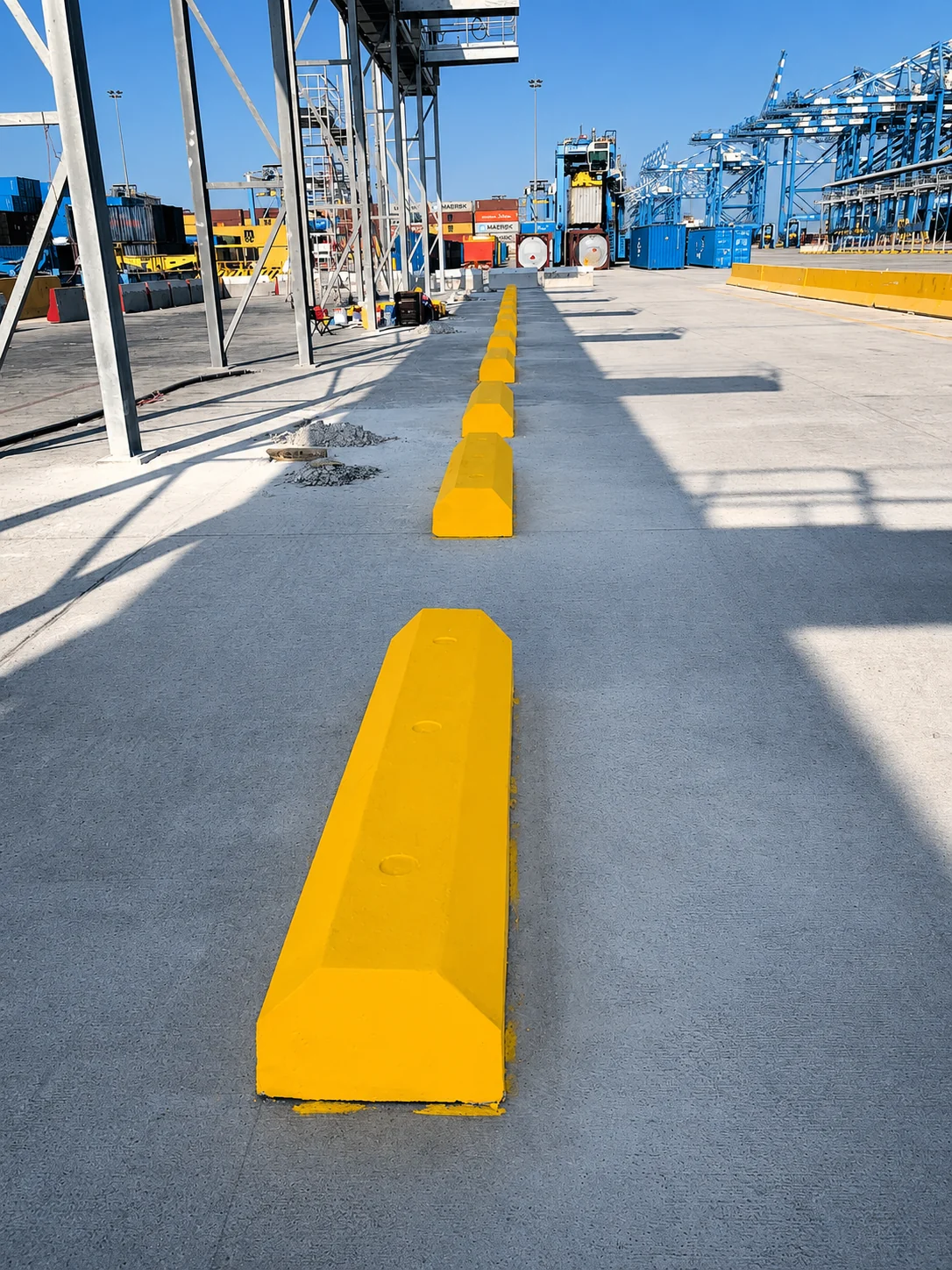 Concrete wheel stoppers installed along a container-terminal vehicle area in the UAE