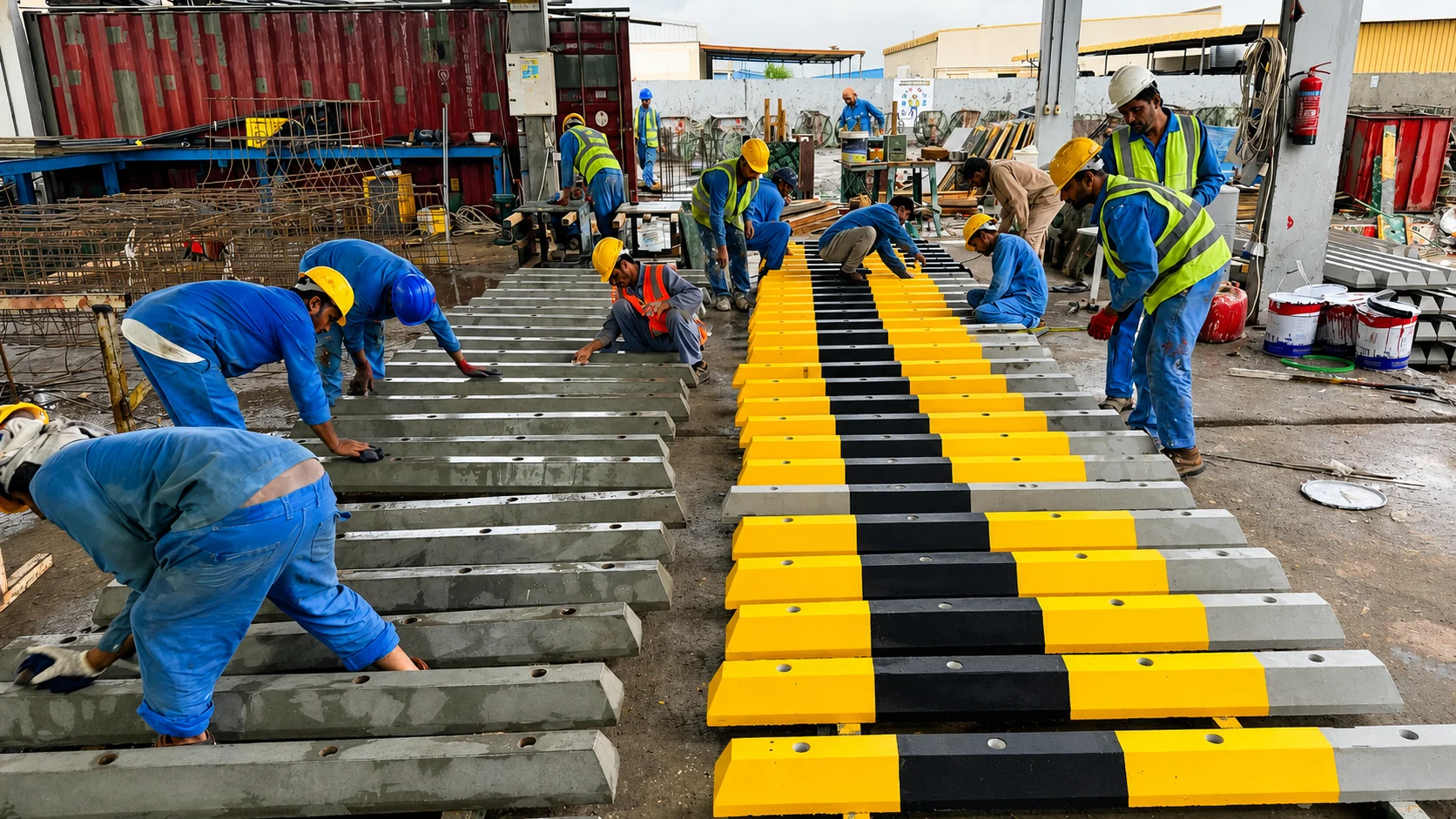 Production team preparing rows of concrete wheel stoppers in a UAE precast facility