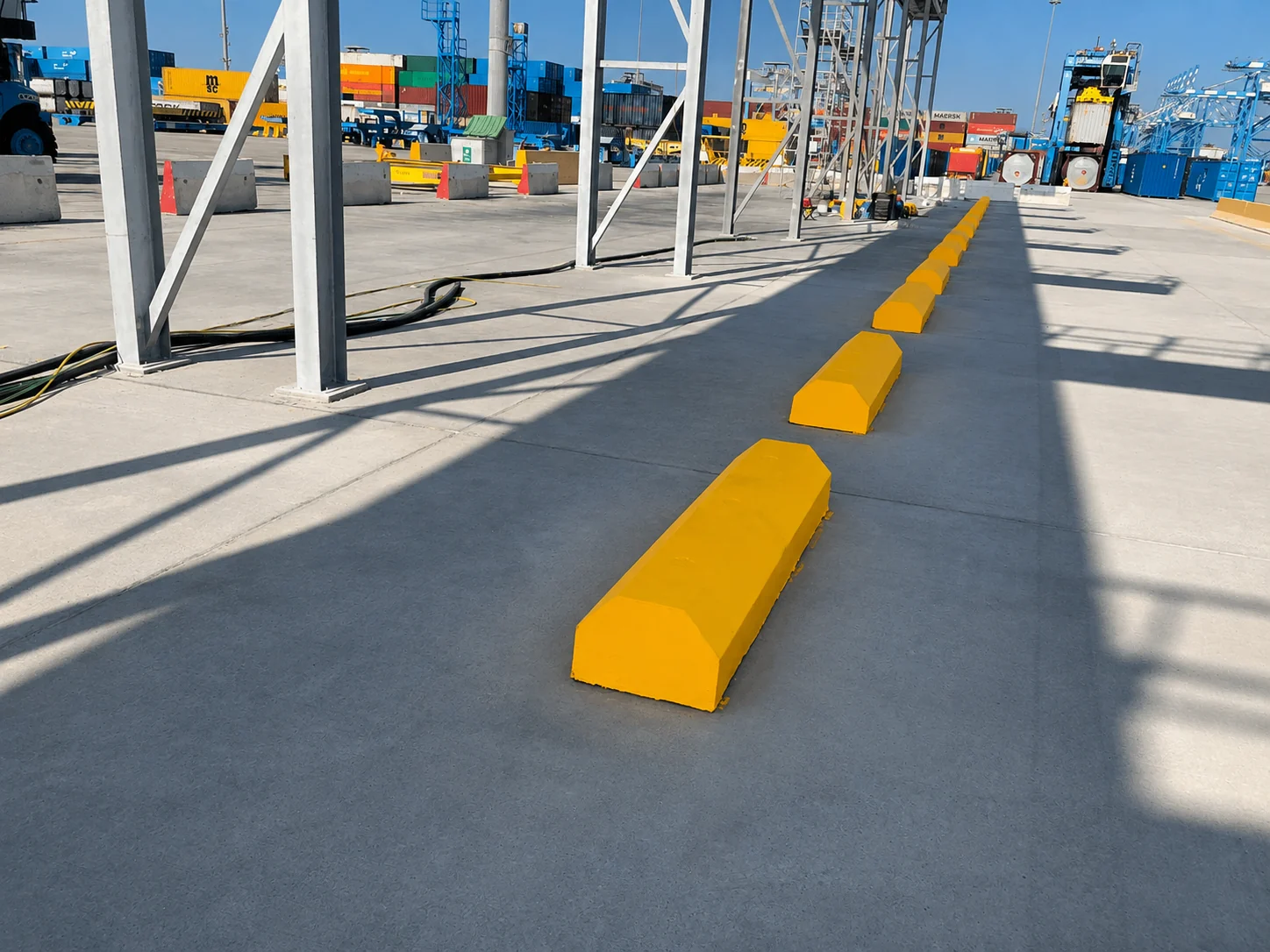 Yellow concrete wheel stoppers installed along a vehicle-control area at a UAE port