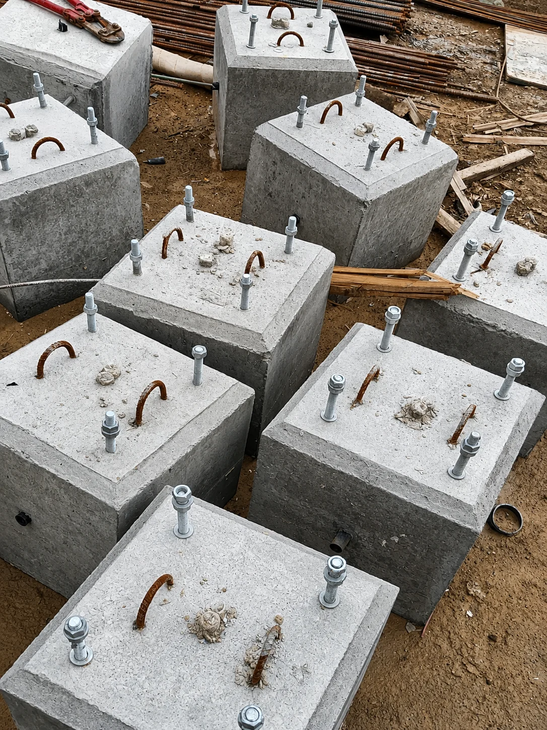 Bulk precast concrete foundations with anchor bolts arranged in a UAE production yard