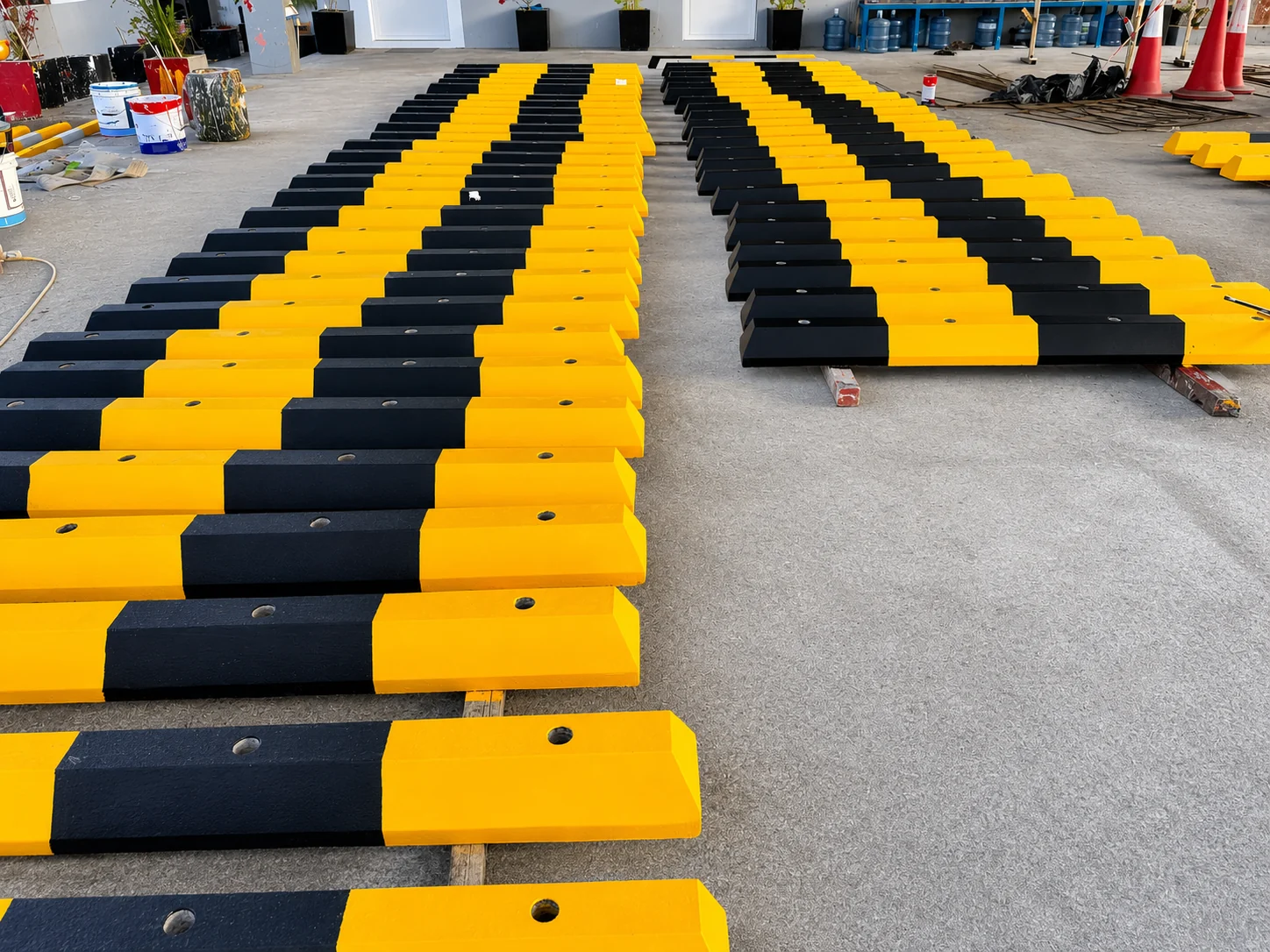 Yellow and black precast concrete wheel stoppers prepared for UAE parking projects