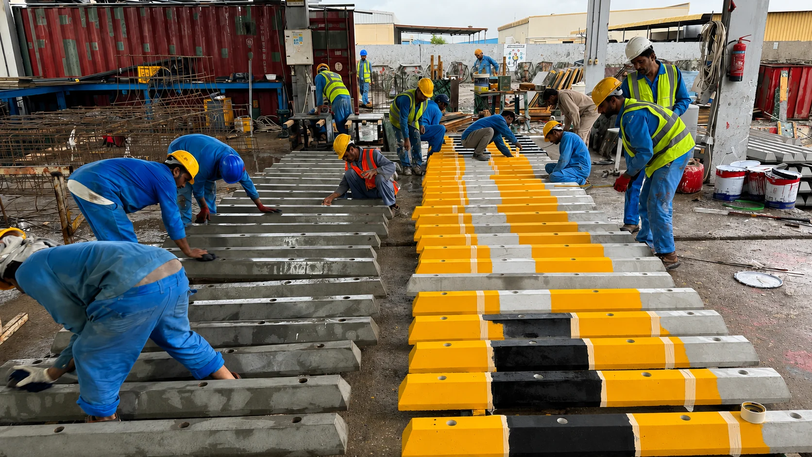 Workers applying a high-visibility finish to precast concrete wheel stoppers in the UAE