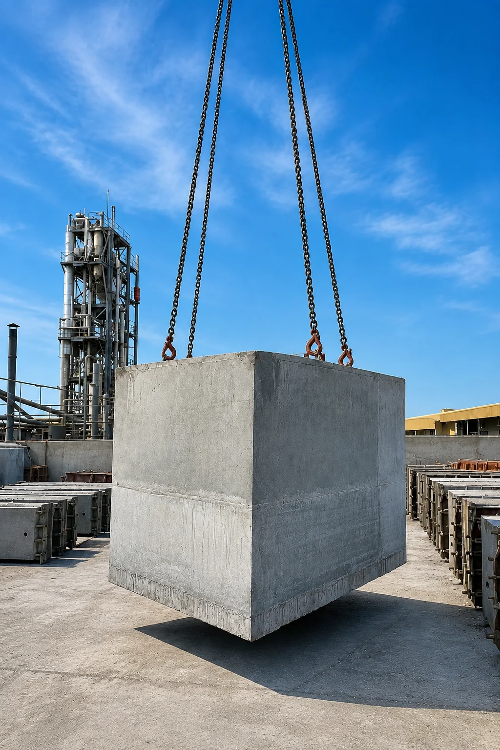 Protective-coated precast concrete foundation being handled in a UAE production yard